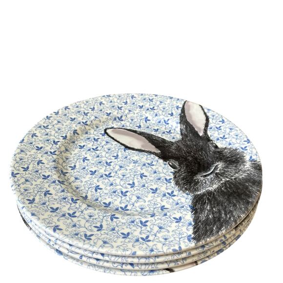 Royal Stafford Floral Blue Chintz Easter Bunny Dinner Plates 11in Set of 4 New - Picture 10 of 15